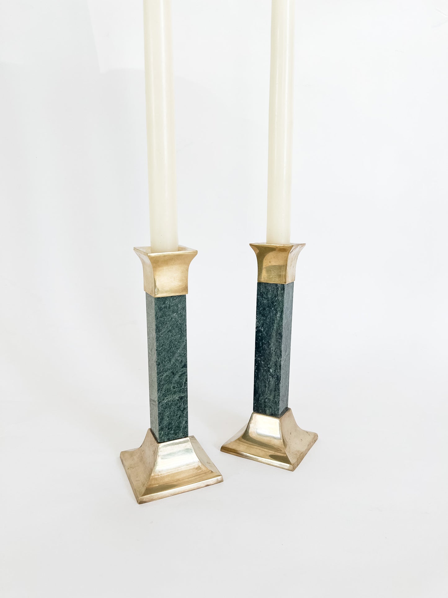 pair brass + marble candle holders