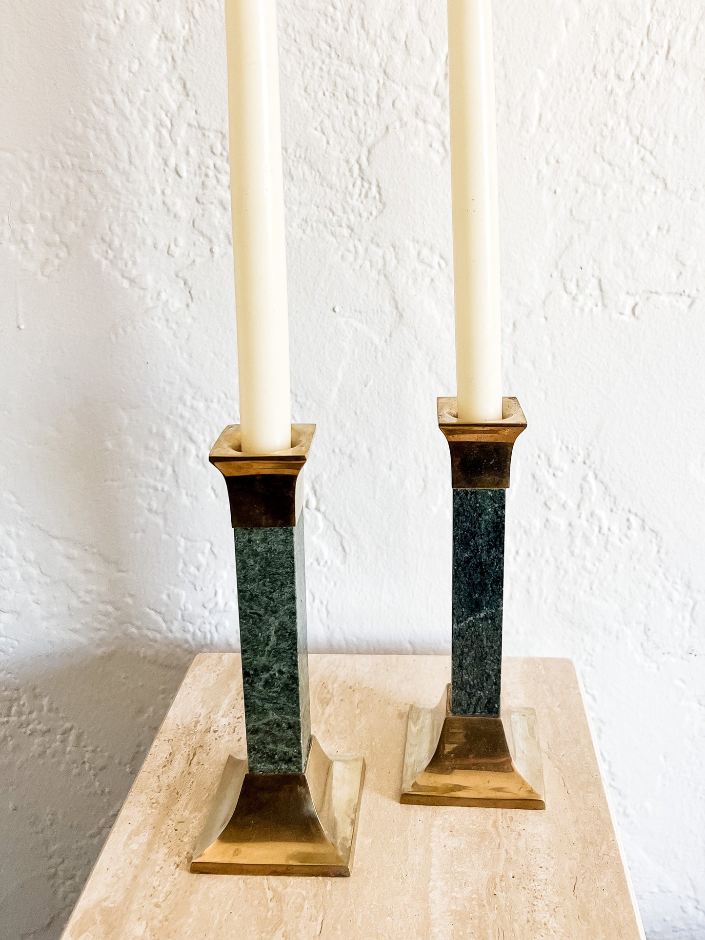 pair brass + marble candle holders