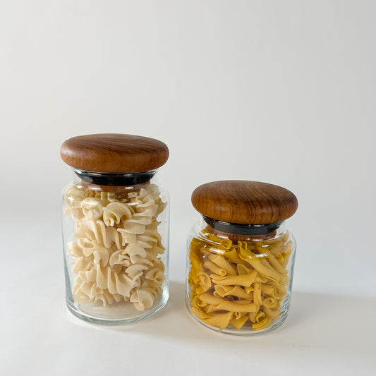 MCM teak wood + glass canisters